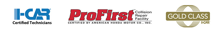 I-CAR Certified {logo}
Honda/Acura Pro First Certified {logo}
I-CAR Gold Class Certified {logo}